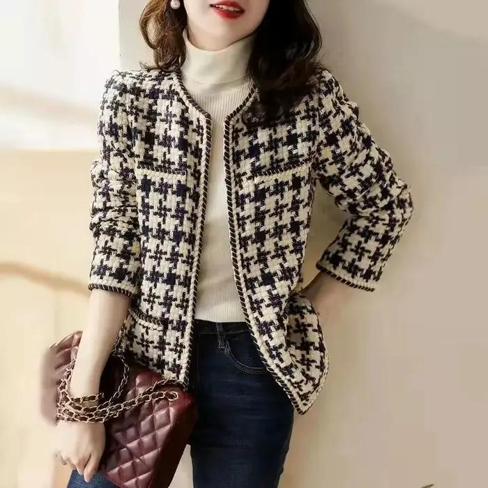 Veste pied-de-poule pour femmes, haut court français, ample, Tweed, Style occidental, petit parfum, 