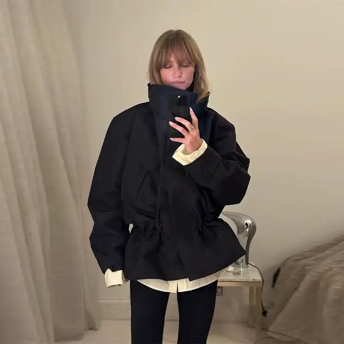 Blouson Bomber Femme Noir Coupe Oversize Col Montant Taille à Cordon Tissu Résistant à l'Eau Vêtemen