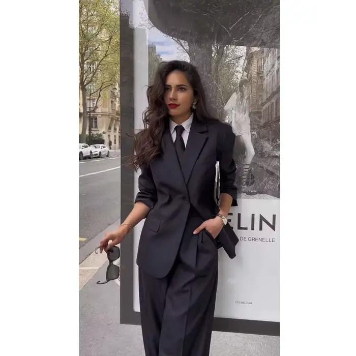 Costume Chic Classique Noir pour Femme, Veste et Pantalon à Revers Cranté, Vêtements Formels de Bure