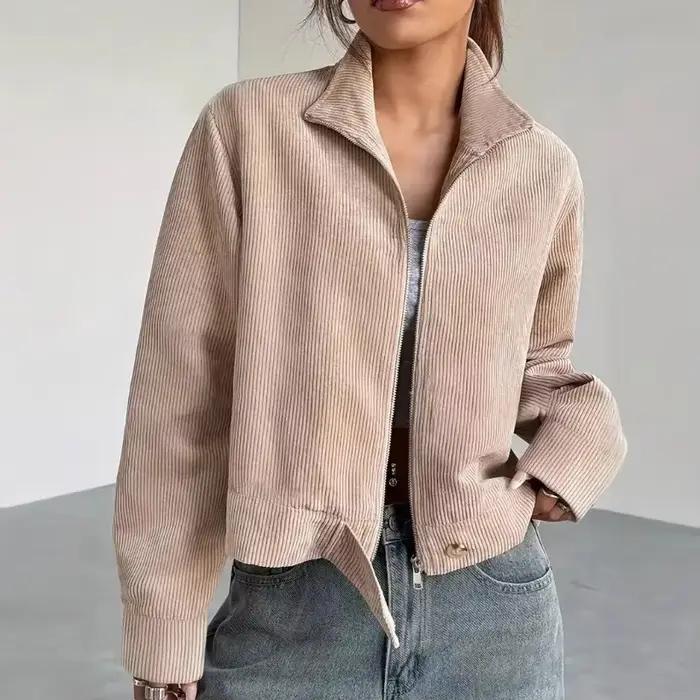 Veste en velours côtelé pour femme, Vintage, épaules tombantes, revers cranté, fermeture éclair, sur