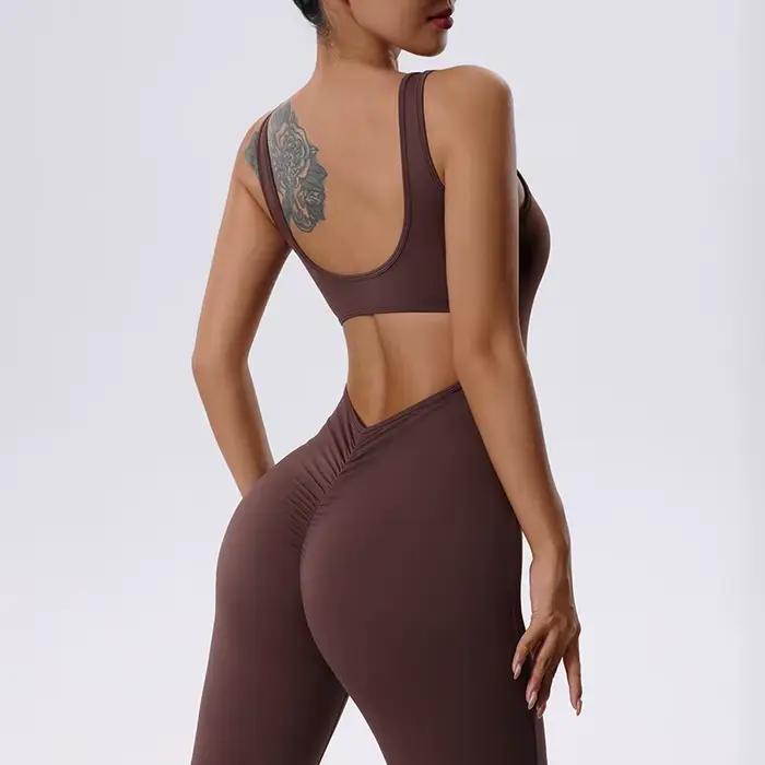 Combinaison de sport une pièce pour femme, dos en V froissé, pantalon évasé imbibé, barboteuses de f