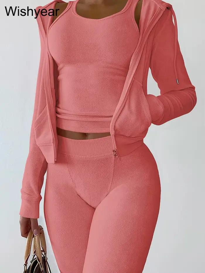 Survêtement 3 pièces pantalon ensemble femmes vêtements velours gilet + sweats à capuche vestes + pa