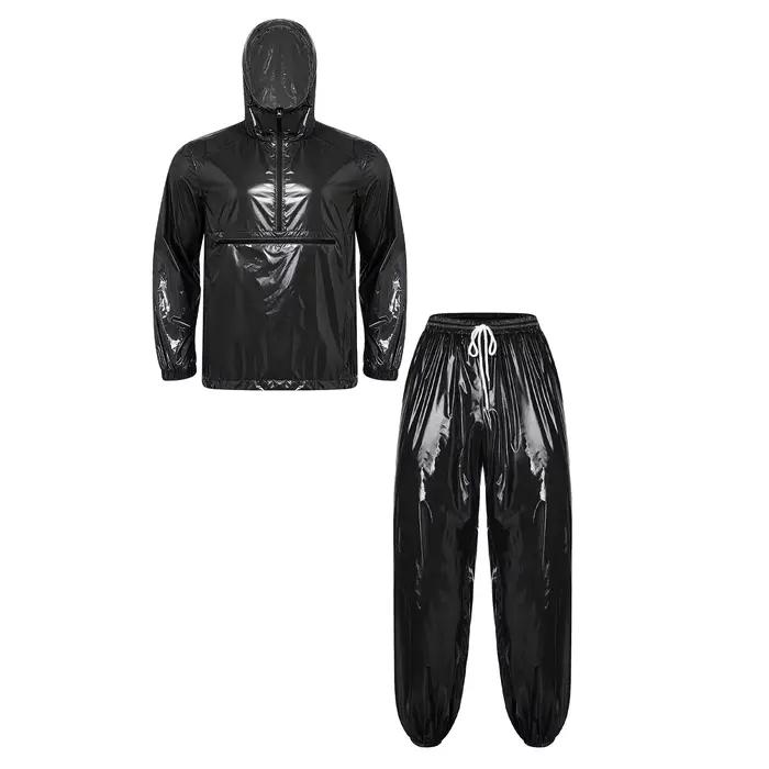Survêtement imperméable brillant pour homme, ensemble à capuche, pull demi-zip, pantalon ample à che