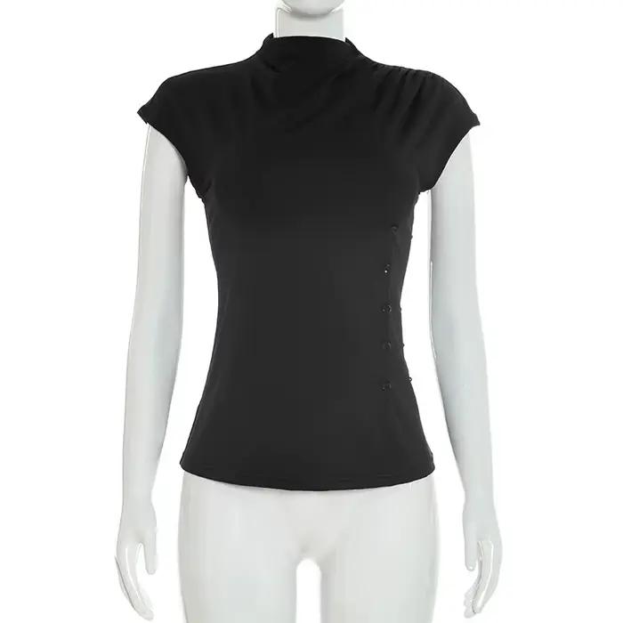Tornova Haut T-shirt Femme Bleu à Col Semi-Montant et Boutons à la Taille, Manches Courtes, Coupe Sl