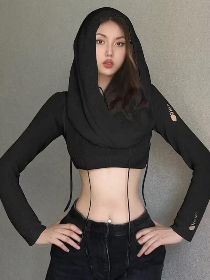 Haut court à capuche pour femmes, vêtements grunge, t-shirt super court, manches longues, accessoire