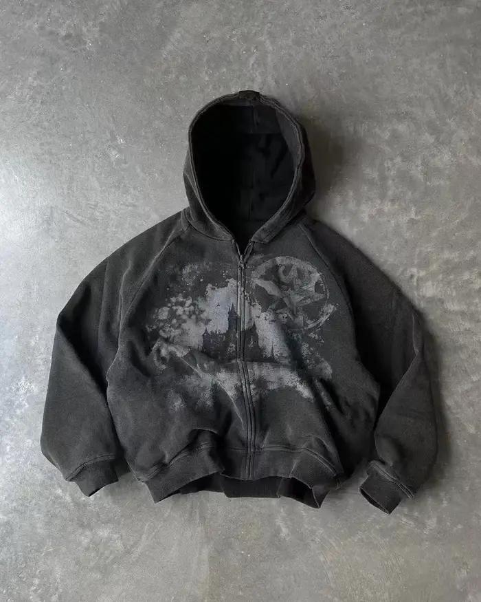Sweat à capuche zippé pour hommes, imprimé ailes bleu foncé, graphique Unique Y2K, Streetwear, pull 
