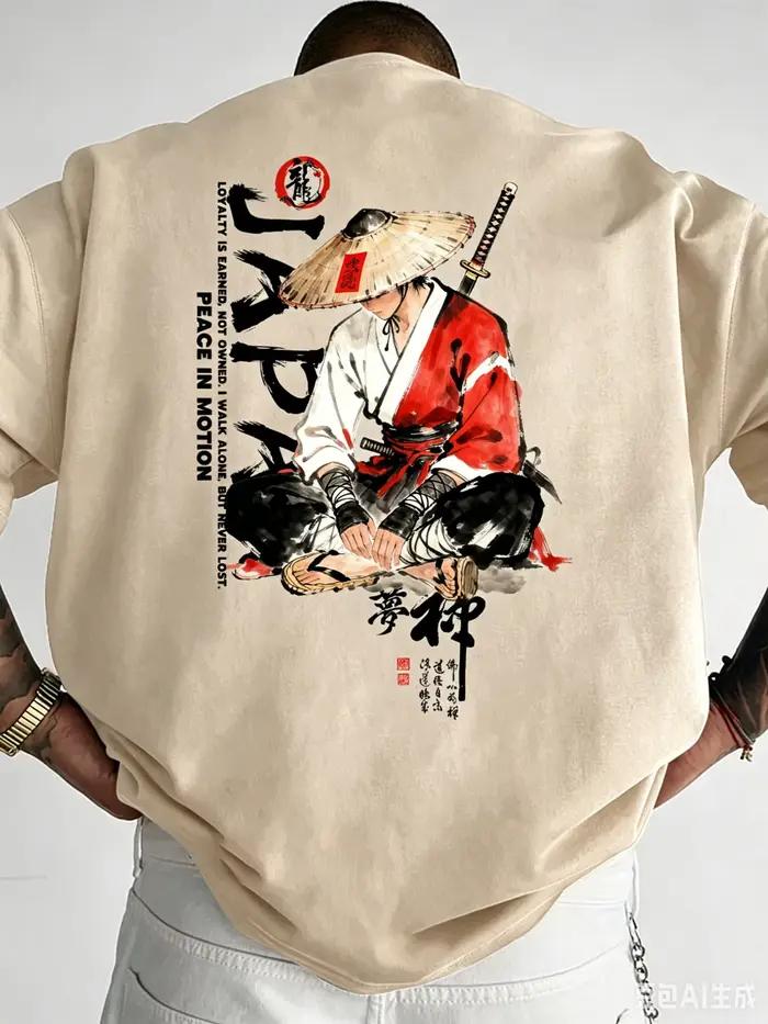 T-shirt pour homme de style japonais avec imprimé motif samouraï, 100% coton, respirant, coupe ample