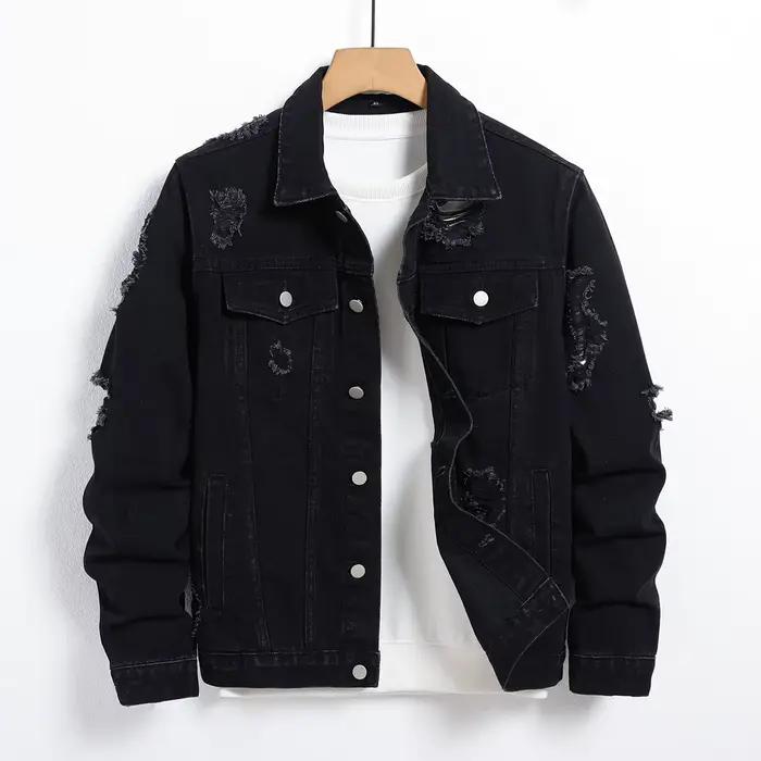 Veste en denim noire pour hommes, veste régulière, mode de rue avec déchirures, adaptée aux sorties 