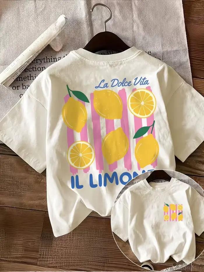 T-shirt pour femme, imprimé graphique citron vif, manches courtes, col rond, mode décontractée, Hara