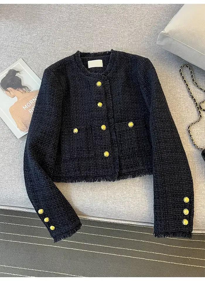 Mode coréenne bleu marine court Tweed manteau femmes vêtements automne nouveau élégant haut de gamme