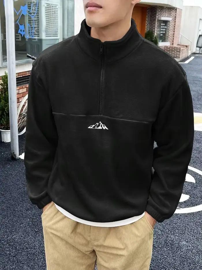 Sweat-shirt polaire minimaliste pour homme, coupe ample, avec broderie montagne, demi-zip, manches l