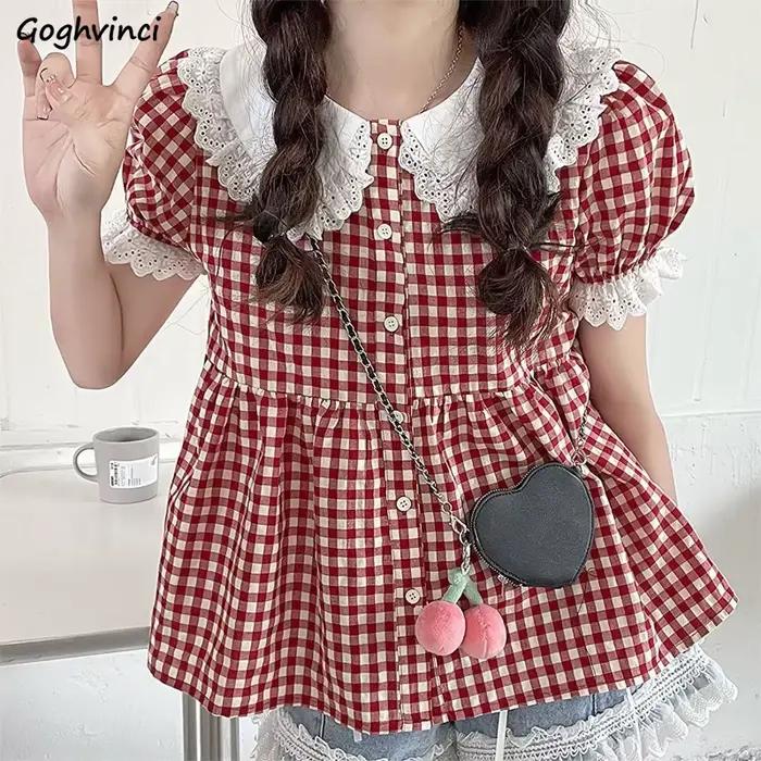 Chemises à carreaux rouges pour femmes, col Peter Pan, étudiantes, Vintage, Style japonais, décontra
