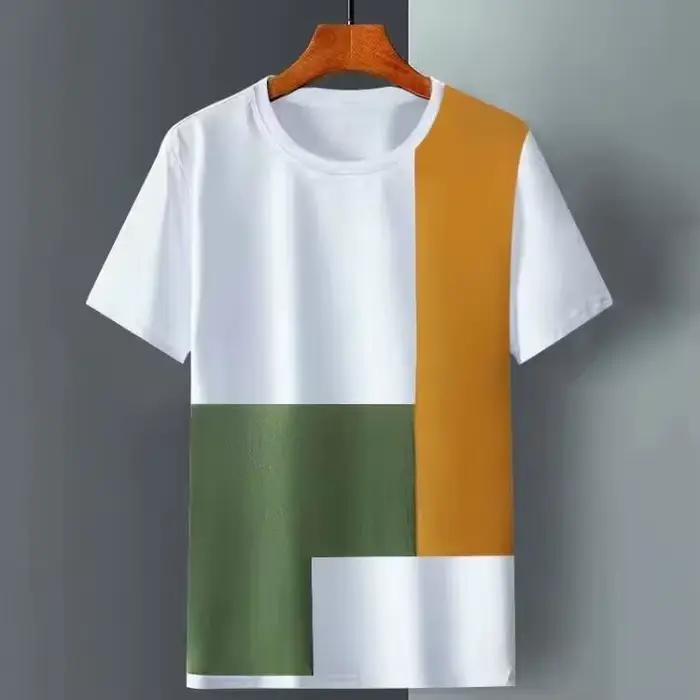 T-shirt à manches courtes pour hommes, bloc de couleurs, polyvalent, col rond, tendance, demi-manche