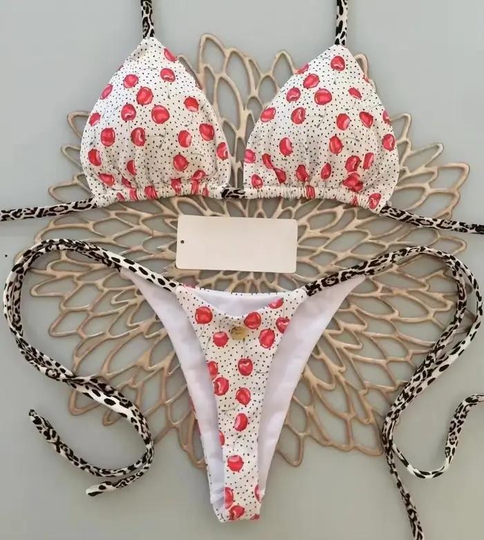 Maillot de bain brésilien imprimé cerise mignon pour femmes, bikini string sexy, mode de plage, 2024