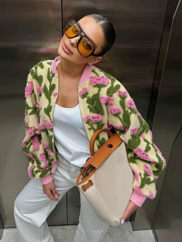Manteau Bomber Femme Chic à Col Montant et Manches Lanterne en Jacquard – Nouvelle Collection Printe