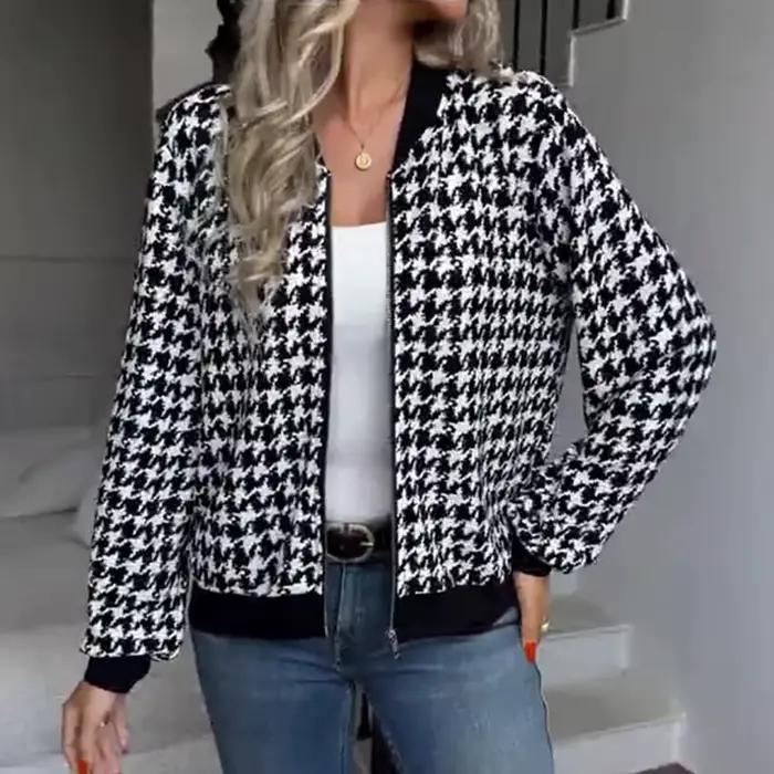 Vestes imprimées pied-de-poule pour femmes, manteau décontracté à manches longues avec fermeture écl