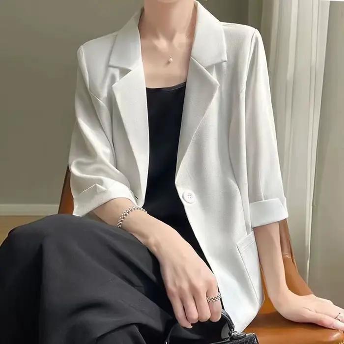 Blazer blanc à manches 3/4 pour femmes, veste de costume de bureau élégante, poche ample, vêtements 
