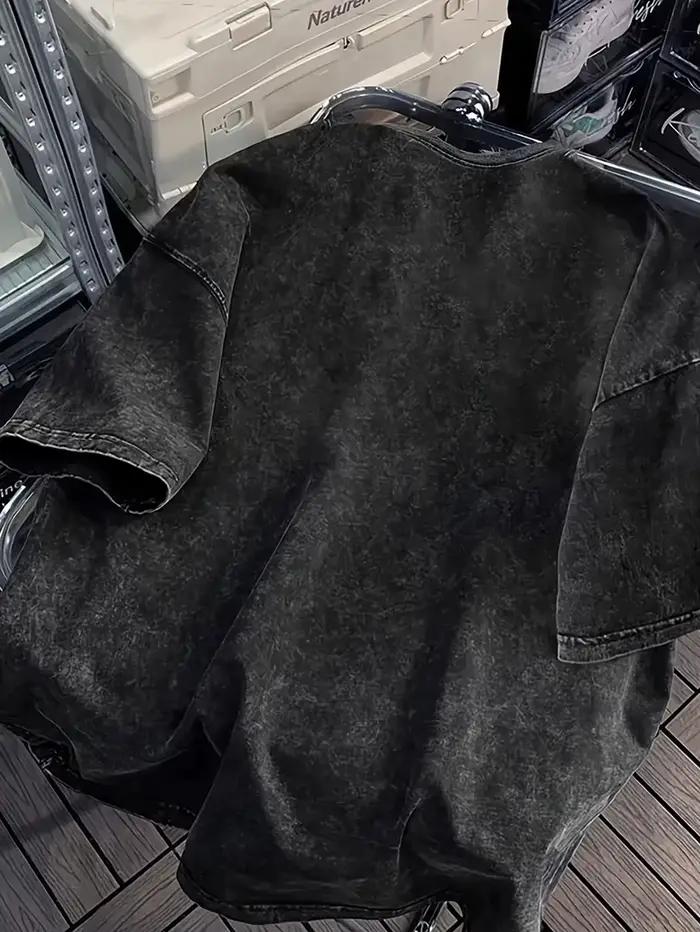 T-shirt d'été décontracté pour hommes, coupe ample, rétro, noir délavé, à manches courtes, motif imp