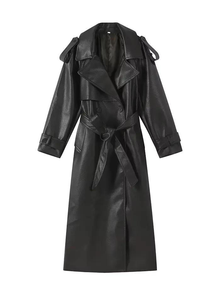 Veste en Faux cuir pour femme, revers, Double boutonnage, vestes longues à lacets, épaulettes, manch