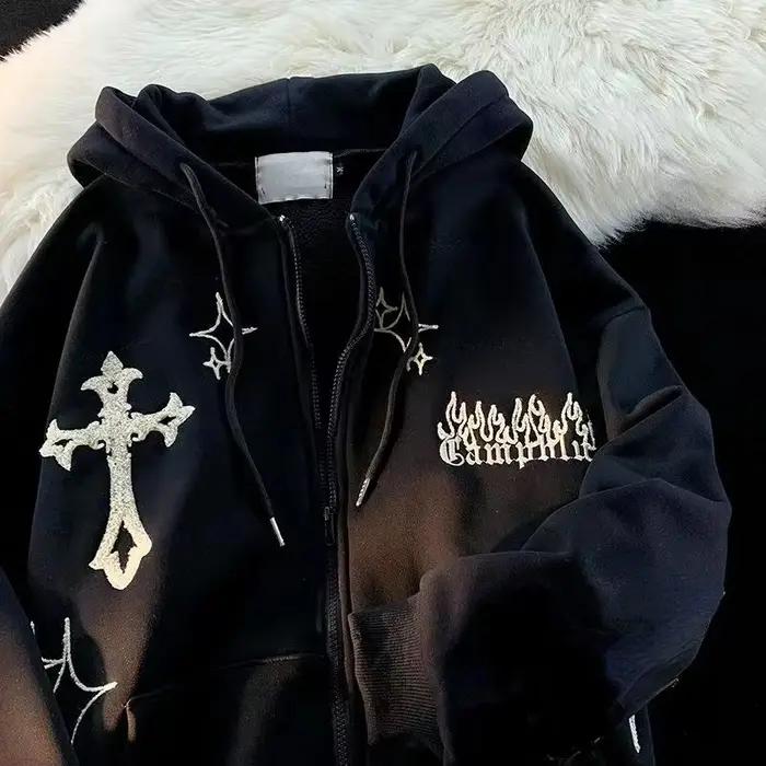 Sweat à Capuche Rétro pour Femme, Veste Hip Hop Harajuku, High Street, avec Fermeture Éclair, Décont