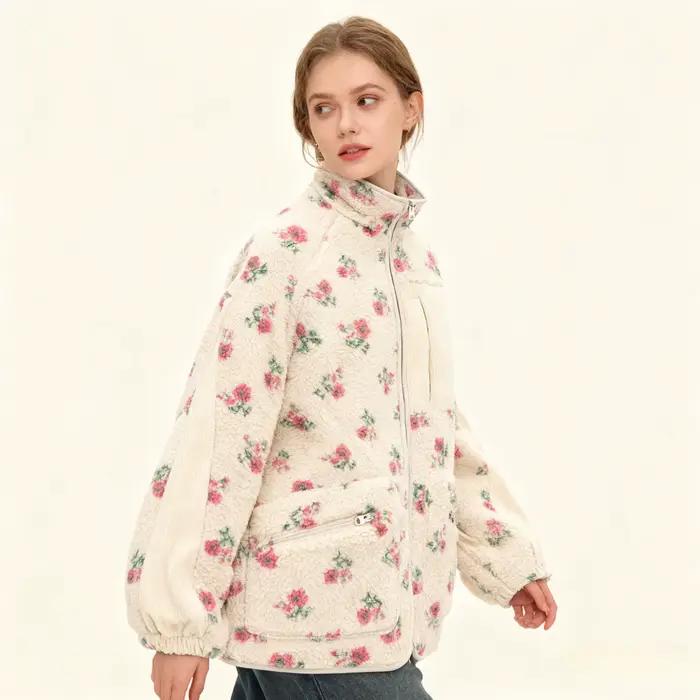 Yaminiya mode laine polaire fleur chaud pull à glissière veste col montant veste ample épaissi autom