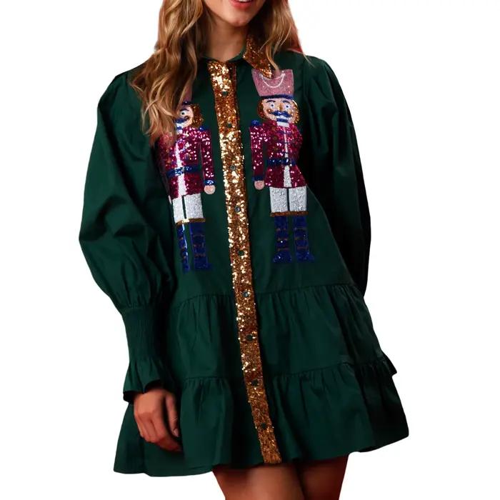 Robe Chemise Casse-Noisette à Paillettes pour Femme, Robes Sweat-Shirt Père Noël, Manches sulf, Mini