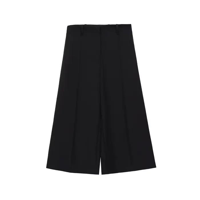 Pantalon élégant et décontracté à taille haute, coupe ample et jambe large, en fibre de polyester fl