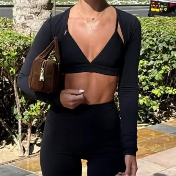Femmes haussement d'épaules T-shirt Sport Yoga Jogging à manches longues hauts courts couvertures él