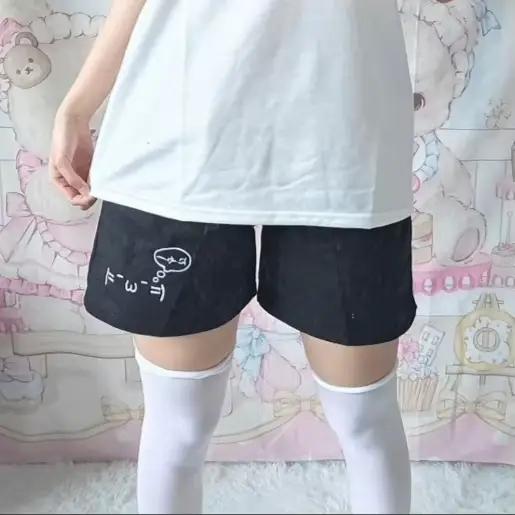 Short en coton pour femmes, pantalon court imprimé Kaomoji, noir, décontracté, mode coréenne et japo