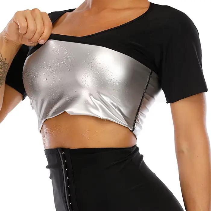 Hauts de sport pour femmes à manches courtes, effet sauna et brûle-graisse, pour la perte de poids, 