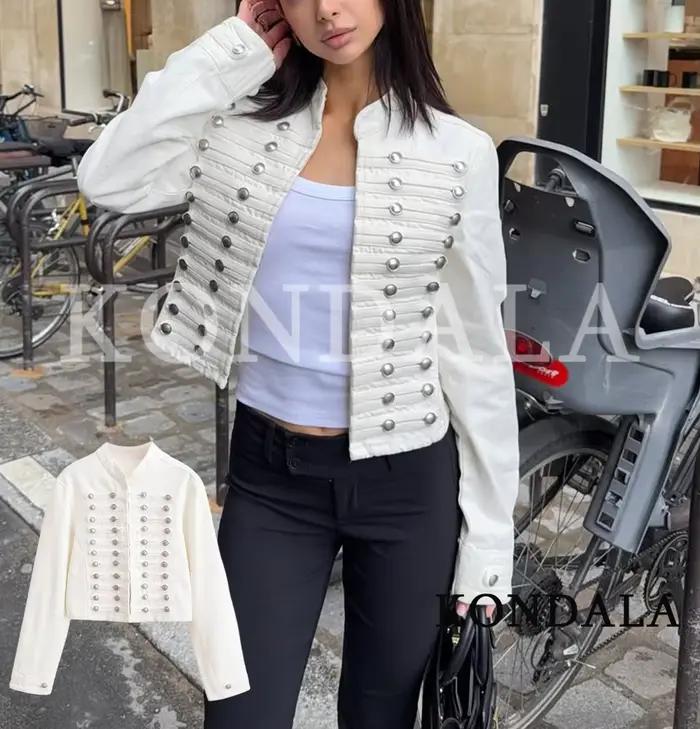 KONDALA Veste en jean élégante à boutons vintage pour femme, style Napoléon, tendance urbaine, colle