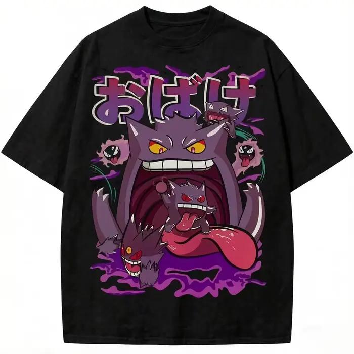 T-shirt Pokemon, Gengar Gastly Haunter Purple Splash Ink, texte japonais, impression de personnages 