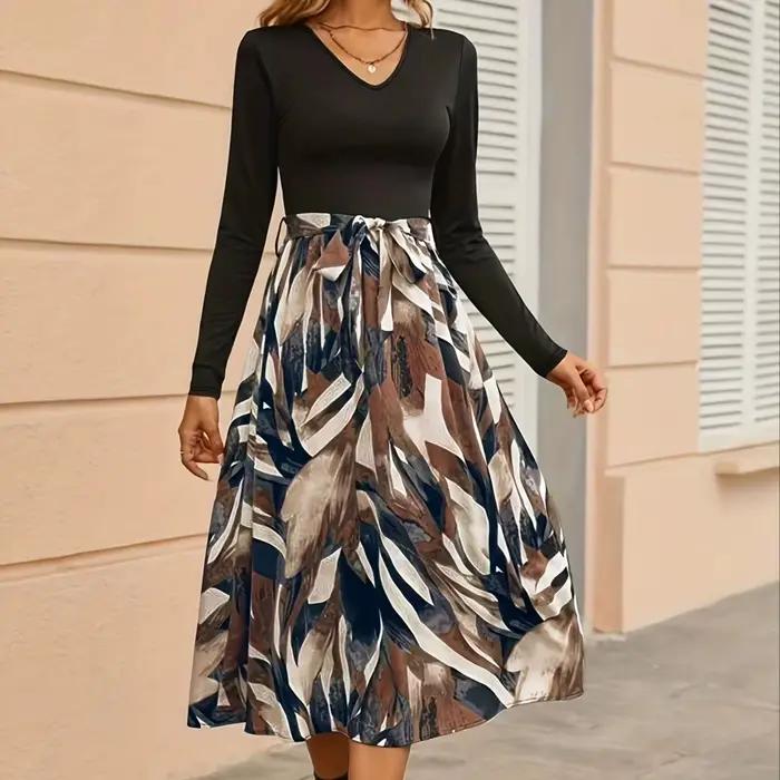 Jupe midi kaki à imprimé botanique pour femme, taille haute avec nœud à nouer devant, coupe trapèze 
