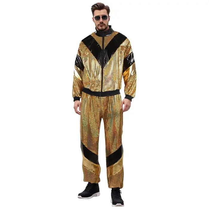 Survêtement Disco rétro des années 80 pour hommes, 2 pièces, veste et pantalon à paillettes, Costume