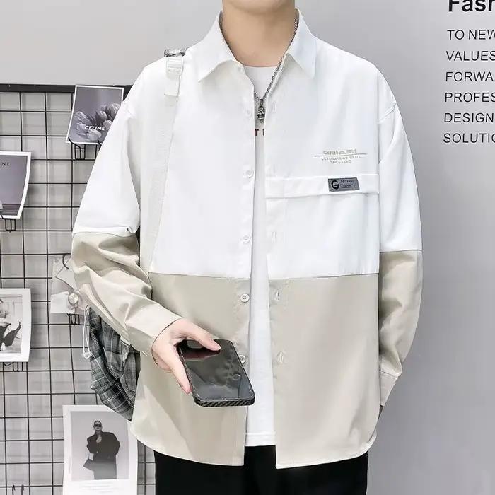 Chemise à manches longues pour hommes, bloc de couleurs, col fin, ample, polyvalente, décontractée, 