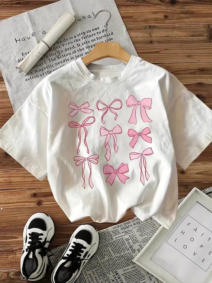 100% coton T-shirt rose noeud femmes Style Vintage décontracté imprimé T-shirt nœud col rond manches