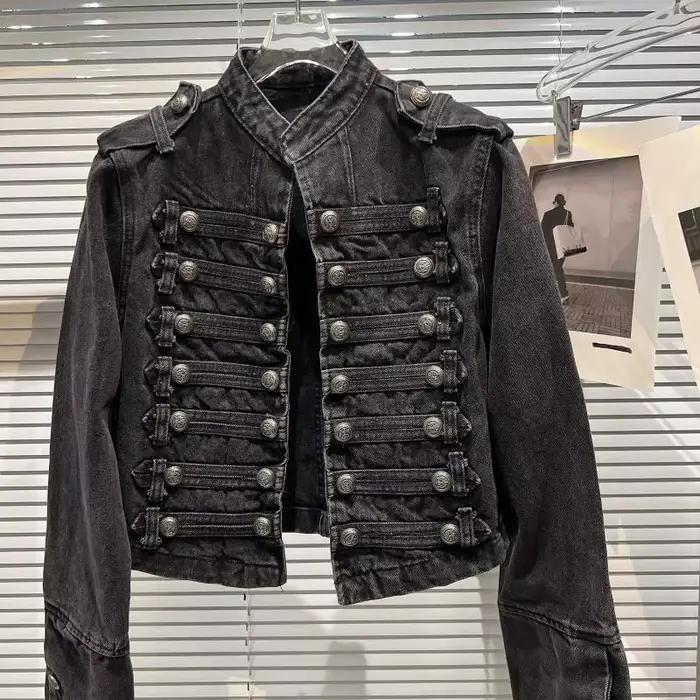 Veste en jean noire à col montant style gothique punk Y2K rétro délavée, nouvelle veste décontractée