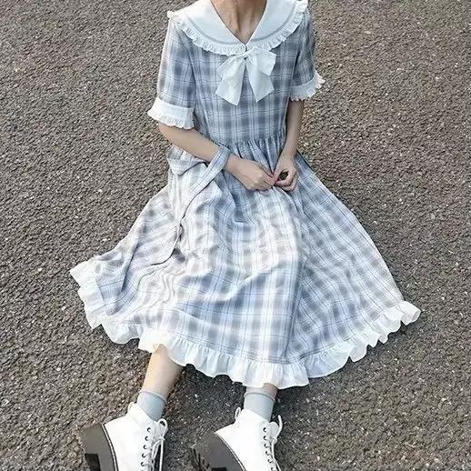 Robe longue à carreaux pour femmes, Style Preppy japonais, ample, mignonne, col marin, nouvelle coll