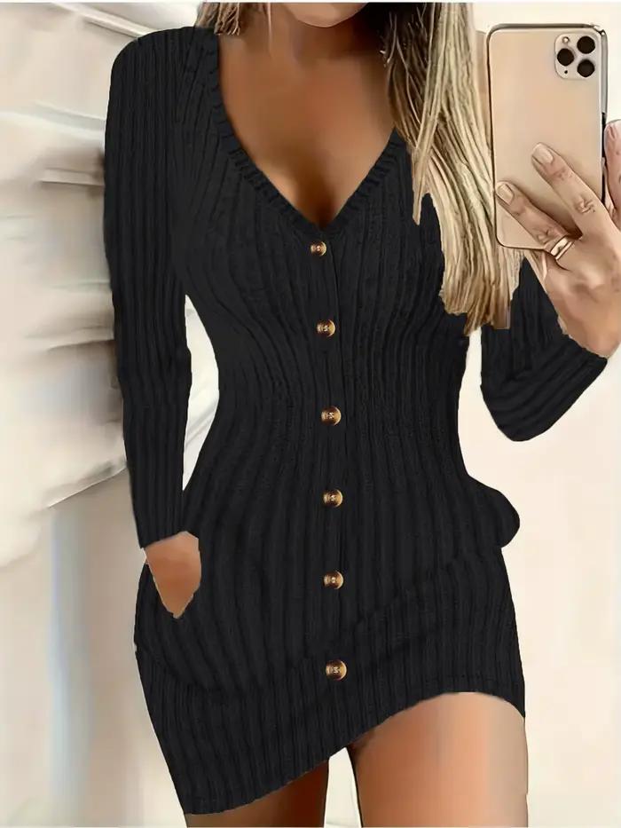 Robe élégante à manches longues, poches doubles sur les côtés, tissu texturé, coupe ajustée