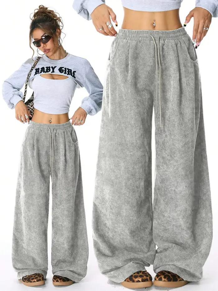Pantalon cargo en velours côtelé rétro pour femmes, pantalon de sport décontracté à cordon de serrag