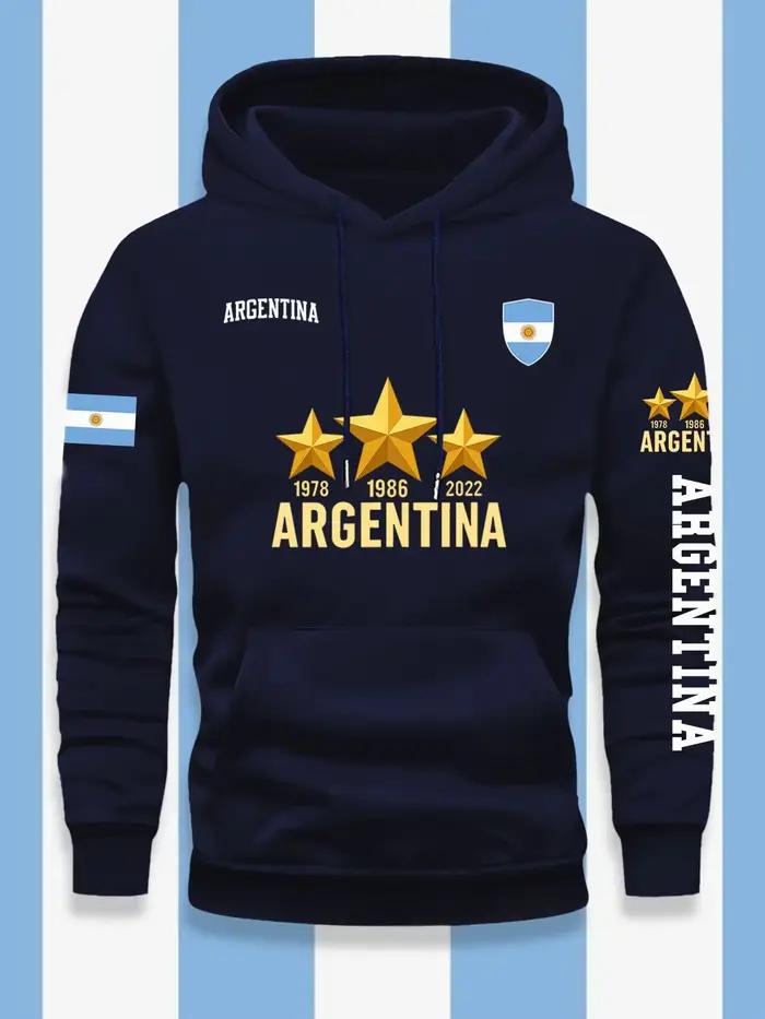 Sweat-shirt à capuche surdimensionné pour homme, motif 3 étoiles dorées de l'Argentine, manches long