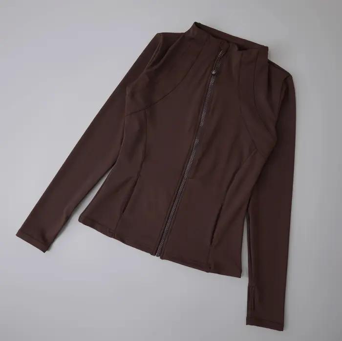 Veste de yoga à manches longues en spandex avec fermeture éclair complète avec trou pour le pouce sa