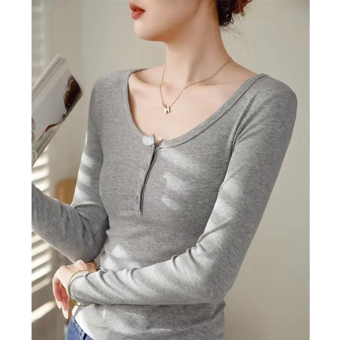 T-shirt à boutons en coton fileté à haute élasticité pour femmes, nouvelle chemise à manches longues