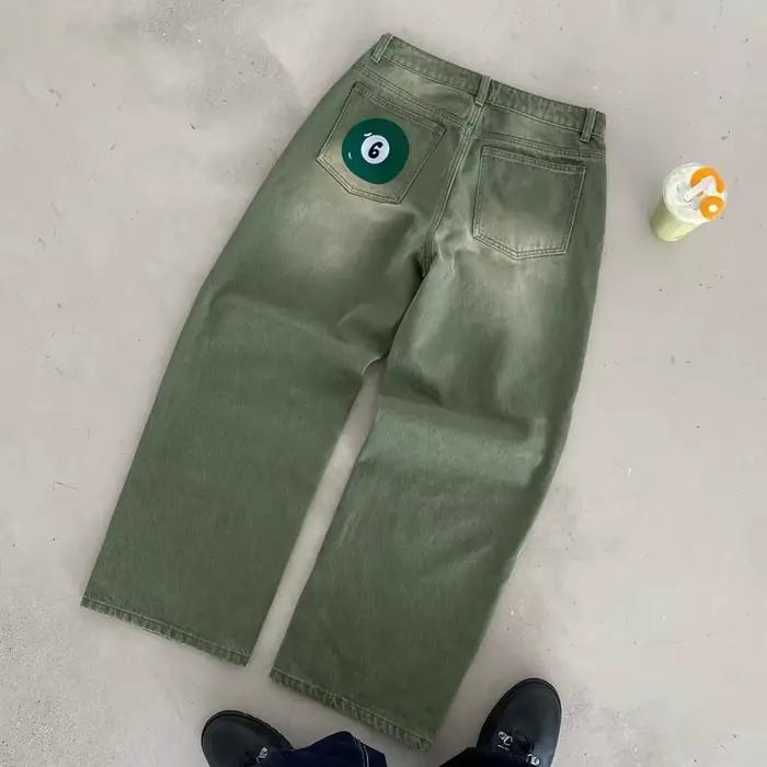 Jean Baggy Graphique Billard Y2K Vert Olive Vintage en Denim – Pantalon Streetwear Hip Hop Skater Co