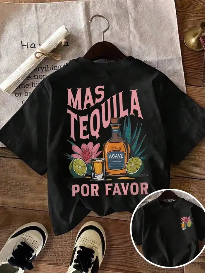 T-shirts imprimés Mas Tequila Por Favor pour femmes, manches courtes, col rond, confortables, amples