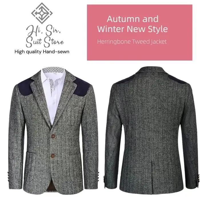 Blazer en tweed pour homme, mélange de laine à chevrons, écussons en velours aux épaules, coupe ajus