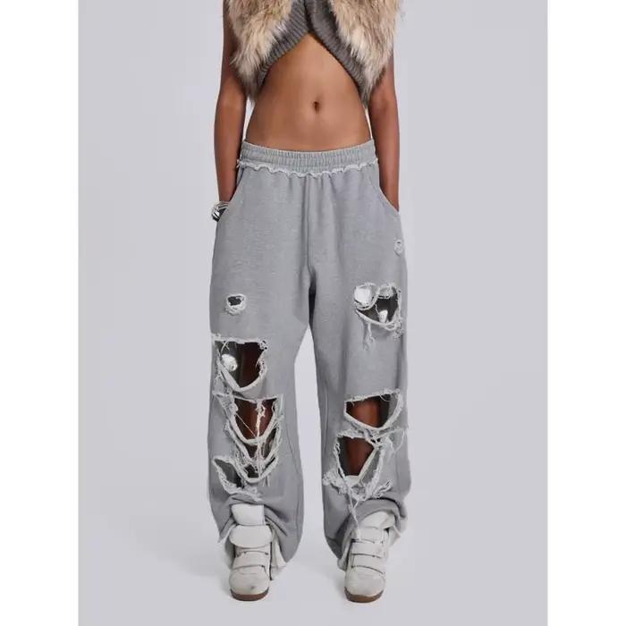 Y2k gris déchiré femmes Jogging pantalon à jambes larges américain rétro Hip-hop drapé mince pantalo