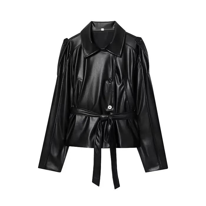 MUJER noir femme Trench manteau Faux cuir recadrée veste femme nouveau en manteaux d'extérieur coupe
