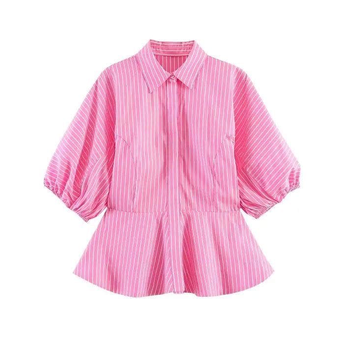 Chemisier rose rayé BSAY, nouvelle collection printemps-été 2026, avec manches bouffantes, bords vol