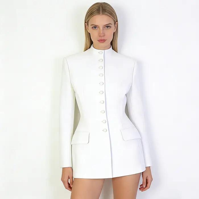 Veste unie pour femme BJTZ Printemps 2026, col montant, simple boutonnage, taille cintrée, design él